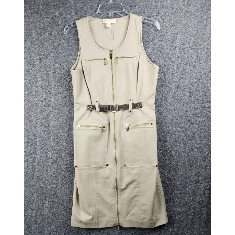 Michael Kors Dress Womens 6 Utility Sheath Tan Gold Zip Belted Sleeveless Good